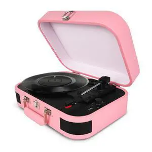 Vintage Suitcase Record Player - 3-Speed Portable Bluetooth Turntable with Built-in Speakers, for 7/10/12" Vinyl Records (Pink) Vintage Suitcase Record Player - 3-Speed Portable Bluetooth Turntable with Built-in Speakers, for 7/10/12" Vinyl Records (Pink)