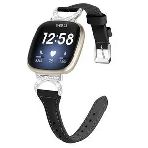 Compatible with Fitbit Sense 2/Fitbit Versa 4 3 Bands for Women Men, Soft Genuine Leather Band Slim Strap Replacement Accessory Wristband + Metal rhinestone Adapter Compatible with Fitbit Sense 2/Fitbit Versa 4 3 Bands for Women Men, Soft Genuine Leather Band Slim Strap Replacement Accessory Wristband + Metal rhinestone Adapter