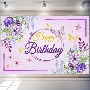 Birthday Party Background,Elegant Purple & Gold Floral Butterfly Happy Birthday Backdrop 7x5 ft Romantic Party Decoration Cloth for Birthday Celebrations Birthday Party Background,Elegant Purple & Gold Floral Butterfly Happy Birthday Backdrop 7x5 ft Romantic Party Decoration Cloth for Birthday Celebrations