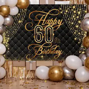 Happy 60th Birthday Banner Backdrop Royal Curtain Decorations Black Gold Background 60 Years Old Bday for Women Men Photography Party Decor Supplies Happy 60th Birthday Banner Backdrop Royal Curtain Decorations Black Gold Background 60 Years Old Bday for Women Men Photography Party Decor Supplies