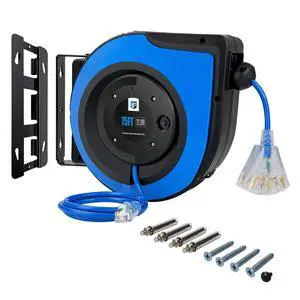 Retractable Extension Cord Reel,75 Feet 14 AWG/3C SJTOW Heavy Duty Power Cord,10 AMP Circuit Breaker, 3-Lighted Triple Outlets,Ceiling or Wall Mount Use Indoor, Blue Retractable Extension Cord Reel,75 Feet 14 AWG/3C SJTOW Heavy Duty Power Cord,10 AMP Circuit Breaker, 3-Lighted Triple Outlets,Ceiling or Wall Mount Use Indoor, Blue