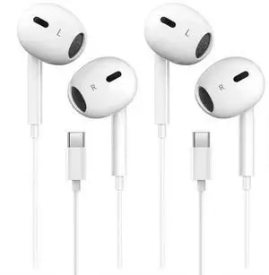 Wired Earphones with USB-C Connector, in-Ear Headphones with Built-in Microphone and Volume Control, White (Two Pack) Wired Earphones with USB-C Connector, in-Ear Headphones with Built-in Microphone and Volume Control, White (Two Pack)