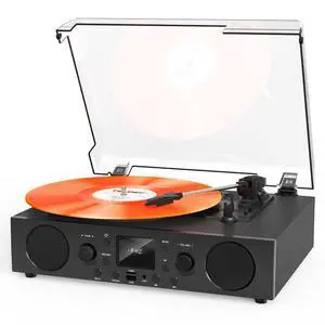 Black Bluetooth Record Player, 3-Speed Belt Drive Turntable | Classic black design with Bluetooth, FM radio, USB recording, 3-speed playback, auto stop, AUX and RCA output Black Bluetooth Record Player, 3-Speed Belt Drive Turntable | Classic black design with Bluetooth, FM radio, USB recording, 3-speed playback, auto stop, AUX and RCA output