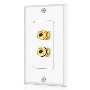 TNP Speaker Wall Plate for 1 Speaker, Banana Plug, Single Gang, White | Speaker Wire Wall Outlet with Gold-Plated Binding Posts for Spades or Bare Wire; for Home Theater and Surround Sound Setups TNP Speaker Wall Plate for 1 Speaker, Banana Plug, Single Gang, White | Speaker Wire Wall Outlet with Gold-Plated Binding Posts for Spades or Bare Wire; for Home Theater and Surround Sound Setups