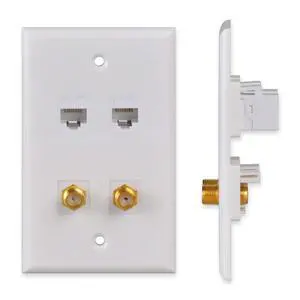 Ethernet & Coax Wall Plate - Cat6 Coax Keystone Wall Plate with 2 RJ45 Ethernet Ports + 2 TV Coax Cable/F-Type Insert Jacks Ethernet & Coax Wall Plate - Cat6 Coax Keystone Wall Plate with 2 RJ45 Ethernet Ports + 2 TV Coax Cable/F-Type Insert Jacks