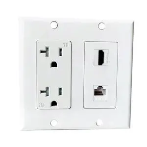 20Amp Power Outlet with Ethernet HDMI Port Wall Plate - Duplex Receptacle Outlet with 1 Port HDMI, 1 CAT6 RJ45 Cover Plate - White 20Amp Power Outlet with Ethernet HDMI Port Wall Plate - Duplex Receptacle Outlet with 1 Port HDMI, 1 CAT6 RJ45 Cover Plate - White