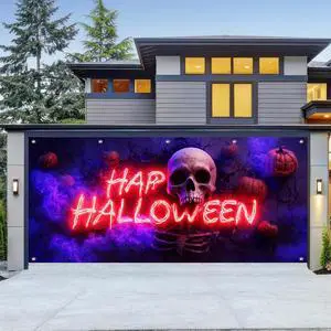 Halloween Skull Garage Door Cover 13x6ft Polyester | Polyester, glowing skull and neon decor Garage Door Cover for Halloween parties, haunted house events, festive home displays Halloween Skull Garage Door Cover 13x6ft Polyester | Polyester, glowing skull and neon decor Garage Door Cover for Halloween parties, haunted house events, festive home displays