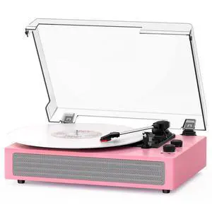 Pink Bluetooth Record Player, 3-Speed Belt Drive Turntable | Stylish pink design with Bluetooth, dual stereo speakers, 3-speed playback, auto stop, AUX, RCA and headphone jack Pink Bluetooth Record Player, 3-Speed Belt Drive Turntable | Stylish pink design with Bluetooth, dual stereo speakers, 3-speed playback, auto stop, AUX, RCA and headphone jack