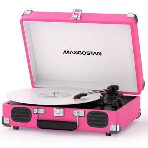 Pink Bluetooth Record Player, 3-Speed Suitcase Turntable | Stylish pink design with Bluetooth, 3-speed vinyl playback, dual speakers, tone control, AUX input and RCA output Pink Bluetooth Record Player, 3-Speed Suitcase Turntable | Stylish pink design with Bluetooth, 3-speed vinyl playback, dual speakers, tone control, AUX input and RCA output