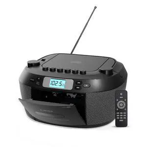 Portable CD & Cassette Player, AM/FM Radio, Bluetooth Boombox | AM/FM Radio, USB, MicroSD & AUX Inputs, Dual AC/Battery Power, Remote Control, Stereo Speakers, Easy-Carry Handle Portable CD & Cassette Player, AM/FM Radio, Bluetooth Boombox | AM/FM Radio, USB, MicroSD & AUX Inputs, Dual AC/Battery Power, Remote Control, Stereo Speakers, Easy-Carry Handle