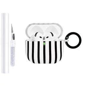 Compatible with AirPods 4 Case Cover 2024, Hard TPU Case with Cute Stripe Pattern for AirPods 4th Generation Case with Metal Keychain and Cleaning Kit for Girls Women (Black) Compatible with AirPods 4 Case Cover 2024, Hard TPU Case with Cute Stripe Pattern for AirPods 4th Generation Case with Metal Keychain and Cleaning Kit for Girls Women (Black)