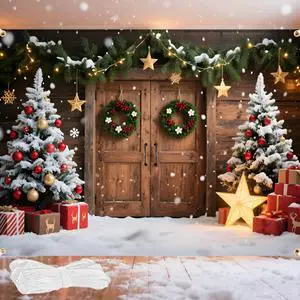 8x6FT Christmas Backdrop for Wall Photography - Large Rustic Barn Door Christmas Backdrops with Tree & Snow Scene, Double-Stitched Fabric Banner with 6m Ribbon & 4 Grommets, Xmas Party Decoration 8x6FT Christmas Backdrop for Wall Photography - Large Rustic Barn Door Christmas Backdrops with Tree & Snow Scene, Double-Stitched Fabric Banner with 6m Ribbon & 4 Grommets, Xmas Party Decoration
