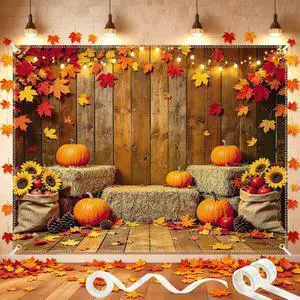 8x6FT Fall Pumpkin Backdrop Thanksgiving Backdrop with 100 Maple Leaves | Glue dots, 10m ribbon, wooden barn truck harvest design, photography, party photo booth decorations 8x6FT Fall Pumpkin Backdrop Thanksgiving Backdrop with 100 Maple Leaves | Glue dots, 10m ribbon, wooden barn truck harvest design, photography, party photo booth decorations
