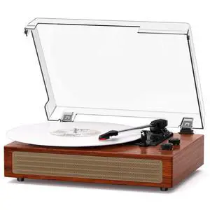 Walnut Bluetooth Record Player, Vintage 3-Speed Turntable | Warm walnut wood style with Bluetooth, 3-speed playback, stereo speakers, belt-drive design and vintage home decor appeal Walnut Bluetooth Record Player, Vintage 3-Speed Turntable | Warm walnut wood style with Bluetooth, 3-speed playback, stereo speakers, belt-drive design and vintage home decor appeal