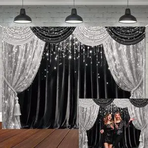 Black Silver Curtain Glitter Spots Theater Stage Backdrop 8x6ft | Black Silver Bokeh VIP Birthday Wedding Graduation Carnival Party Decor Banner Photo Booth Props,Vinyl Black Silver Curtain Glitter Spots Theater Stage Backdrop 8x6ft | Black Silver Bokeh VIP Birthday Wedding Graduation Carnival Party Decor Banner Photo Booth Props,Vinyl