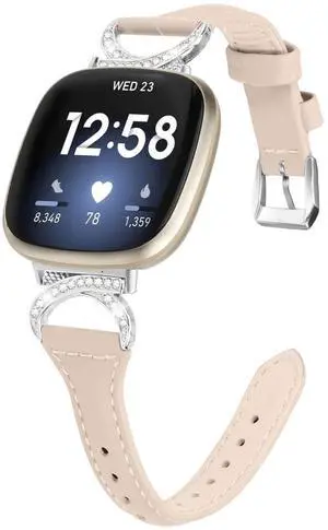 Compatible with Fitbit Sense 2/Fitbit Versa 4 3 Bands for Women Men, Soft Genuine Leather Band Slim Strap Replacement Accessory Wristband + Metal rhinestone Adapter Compatible with Fitbit Sense 2/Fitbit Versa 4 3 Bands for Women Men, Soft Genuine Leather Band Slim Strap Replacement Accessory Wristband + Metal rhinestone Adapter