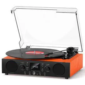 Record Player with Built-in Speakers, Vintage Bluetooth Turntable 3 Speed with USB Recording, RCA Line Out & AXU-in, FM Radio, Bluetooth Receiving,Vinyl Record Player Orange Record Player with Built-in Speakers, Vintage Bluetooth Turntable 3 Speed with USB Recording, RCA Line Out & AXU-in, FM Radio, Bluetooth Receiving,Vinyl Record Player Orange