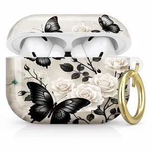 Compatible with AirPod Pro 2nd/1st Generation Case Cover with Key Chain,Full Protective Shockproof Wireless Headphone Case for Airpod Pro 2023/2022/2019(Black Butterflies White Roses Elegant) Compatible with AirPod Pro 2nd/1st Generation Case Cover with Key Chain,Full Protective Shockproof Wireless Headphone Case for Airpod Pro 2023/2022/2019(Black Butterflies White Roses Elegant)