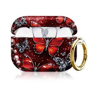 Compatible with AirPod Pro 3 Case 2025,Shockproof Hard Protective Case,Wireless Charging Compatible, Trendy Elegant Design Cover for Women Men(Red Butterflies Sparkle Pearls Background) Compatible with AirPod Pro 3 Case 2025,Shockproof Hard Protective Case,Wireless Charging Compatible, Trendy Elegant Design Cover for Women Men(Red Butterflies Sparkle Pearls Background)
