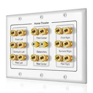 Speaker Wall Plate 16 Banana Post and 2 RCA | 5 6 7.1/7.2 or 8.1/8.2 Compatible, One or Two Subwoofer Compatible, Home Theater Audio Speaker Wall Plate 16 Banana Post and 2 RCA | 5 6 7.1/7.2 or 8.1/8.2 Compatible, One or Two Subwoofer Compatible, Home Theater Audio