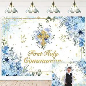 First Holy Communion Backdrop Boys God Bless Background Blue Floral Glitter Christening Party Decorations Banner Newborn Baby Shower Photo Props (Blue, 94X70 inch (8x6FT)) First Holy Communion Backdrop Boys God Bless Background Blue Floral Glitter Christening Party Decorations Banner Newborn Baby Shower Photo Props (Blue, 94X70 inch (8x6FT))
