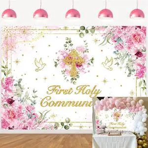 First Holy Communion Backdrop Pink Flower Gold Cross God Bless Photography Background Girls Christening Party Baby Shower Decorations Banner First Holy Communion Backdrop Pink Flower Gold Cross God Bless Photography Background Girls Christening Party Baby Shower Decorations Banner