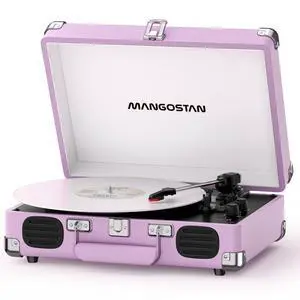 Purple Bluetooth Suitcase Record Player, 3-Speed Turntable | Vintage purple suitcase style with Bluetooth, 3-speed playback, built-in speakers, auto stop, AUX, RCA and headphone jack Purple Bluetooth Suitcase Record Player, 3-Speed Turntable | Vintage purple suitcase style with Bluetooth, 3-speed playback, built-in speakers, auto stop, AUX, RCA and headphone jack