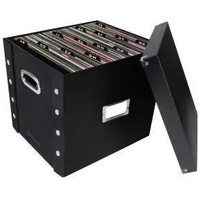 12 In Vinyl Record Box, LP Holder, Lid & Guides, Black | Collapsible crate holds up to 75 vinyl albums, snaps together for easy assembly, stylish shelf display 12 In Vinyl Record Box, LP Holder, Lid & Guides, Black | Collapsible crate holds up to 75 vinyl albums, snaps together for easy assembly, stylish shelf display