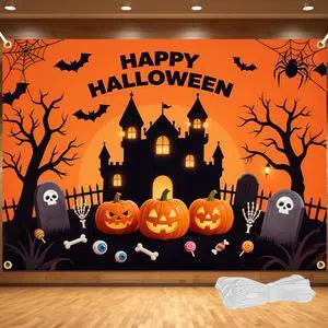 Happy Halloween Backdrop - Extra Large 83 x 59 Inch Halloween Backdrop with 19.69ft Ribbon | Spooky Pumpkin & Ghost Decorations for Outdoor & Indoor Parties Happy Halloween Backdrop - Extra Large 83 x 59 Inch Halloween Backdrop with 19.69ft Ribbon | Spooky Pumpkin & Ghost Decorations for Outdoor & Indoor Parties