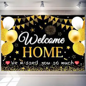 Welcome Home Backdrop 8X6 ft Large Party Background Decoration,Black and Gold Design with Balloons and Banner Flags, Photo Background for Homecoming Celebrations Welcome Home Backdrop 8X6 ft Large Party Background Decoration,Black and Gold Design with Balloons and Banner Flags, Photo Background for Homecoming Celebrations