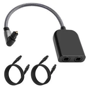 90 Degree Digital Optical Adapter Splitter 1 in 2 Out, Right Angle Toslink Digital Audio Fiber Optic Cable Splitter 1x2 for Soundbar, Headphones,TVs -with 2 Optical Audio Cables 6 Feet 90 Degree Digital Optical Adapter Splitter 1 in 2 Out, Right Angle Toslink Digital Audio Fiber Optic Cable Splitter 1x2 for Soundbar, Headphones,TVs -with 2 Optical Audio Cables 6 Feet