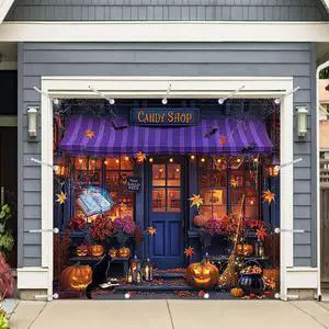 1PC 8x7ft Halloween Candy Shop Garage Door Banner Decorations | Magic Witch Pumpkin Photography Backdrop, Maple Night Wall Cover, Outdoor Holiday Party Supplies, Polyester, With Ribbon 1PC 8x7ft Halloween Candy Shop Garage Door Banner Decorations | Magic Witch Pumpkin Photography Backdrop, Maple Night Wall Cover, Outdoor Holiday Party Supplies, Polyester, With Ribbon
