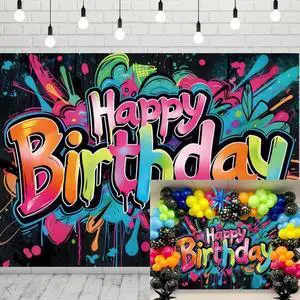 Colorful Graffiti Happy Birthday Photography Backdrop 8x6FT | Vibrant Drip Graffiti Birthday Art, Lightweight Vinyl, Retro/Hip-hop/Birthday Party Photo Backdrop, Easy Hang & Wipe Clean Colorful Graffiti Happy Birthday Photography Backdrop 8x6FT | Vibrant Drip Graffiti Birthday Art, Lightweight Vinyl, Retro/Hip-hop/Birthday Party Photo Backdrop, Easy Hang & Wipe Clean