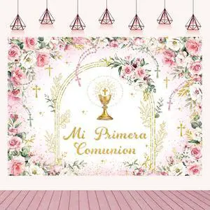 Mi Primera Comunion Backdrop Banner Pink First Holy Communion Background God Bless Christening Comunion Baby Baptism Party Decorations Banner Photo Props (Pink, 8x6FT(94 x 70 inch)) Mi Primera Comunion Backdrop Banner Pink First Holy Communion Background God Bless Christening Comunion Baby Baptism Party Decorations Banner Photo Props (Pink, 8x6FT(94 x 70 inch))