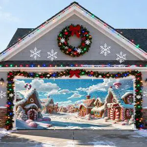 Christmas Garage Door Cover Decorations Banner 16x7ft Polyester | Candyland Christmas Village Town Backdrop, Cartoon Gingerbread House Candy Cane, Outdoor 2 Car, Holiday Door Cover Christmas Garage Door Cover Decorations Banner 16x7ft Polyester | Candyland Christmas Village Town Backdrop, Cartoon Gingerbread House Candy Cane, Outdoor 2 Car, Holiday Door Cover