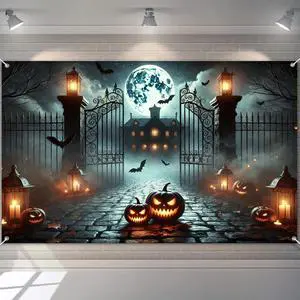 Halloween Graveyard Banner 71x43 in Spooky Party Decor | Halloween Backdrop, Spooky Banner for Haunted House, Porch and Photo Booth, Pumpkin Mansion Lantern Night Style Halloween Graveyard Banner 71x43 in Spooky Party Decor | Halloween Backdrop, Spooky Banner for Haunted House, Porch and Photo Booth, Pumpkin Mansion Lantern Night Style