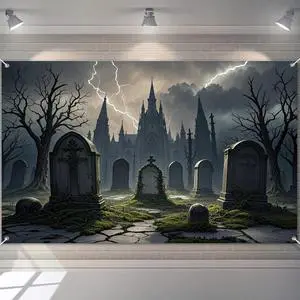 Halloween Graveyard Backdrop 71x43 in Spooky Party Decor | Spooky Banner, Halloween Backdrop for Porch, Haunted House and Photos, Backgrpund Lightning Castle Cemetery Pattern Halloween Graveyard Backdrop 71x43 in Spooky Party Decor | Spooky Banner, Halloween Backdrop for Porch, Haunted House and Photos, Backgrpund Lightning Castle Cemetery Pattern