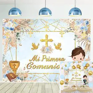 Mi Primera Comunión Baptism Backdrop for Boy First Holy Communion Christening Banner God Bless Mi Bautizo Photography Background Blue Flower Party Decorations Photo Props (Blue, 82x59 inch (7x5FT)) Mi Primera Comunión Baptism Backdrop for Boy First Holy Communion Christening Banner God Bless Mi Bautizo Photography Background Blue Flower Party Decorations Photo Props (Blue, 82x59 inch (7x5FT))