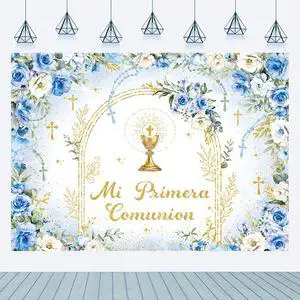 Mi Primera Comunion Backdrop Banner Blue First Holy Communion Background God Bless Christening Comunion Baby Baptism Party Decorations Banner Photo Props (Blue, 8x6FT(94 x 70 inch)) Mi Primera Comunion Backdrop Banner Blue First Holy Communion Background God Bless Christening Comunion Baby Baptism Party Decorations Banner Photo Props (Blue, 8x6FT(94 x 70 inch))