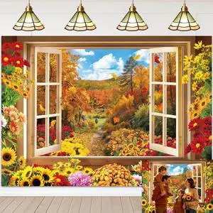 Fall Window Backdrop Autumn Forest Window Landscape Photography Background | 8x6ft Maple Leaves Garden Flowers Sunflowers Chrysanthemums Banner, Thanksgiving Party Decor Supplies Fall Window Backdrop Autumn Forest Window Landscape Photography Background | 8x6ft Maple Leaves Garden Flowers Sunflowers Chrysanthemums Banner, Thanksgiving Party Decor Supplies