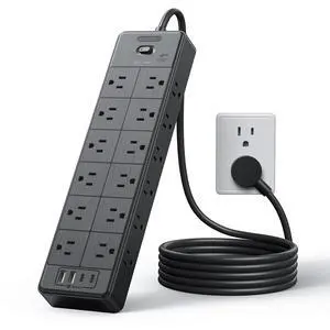 Large Power Strip Surge Protector, 5FT Extension Cord with 24 AC Outlets, 1875W/15A, 4000 Joules Flat Plug Power Extender for Home, Office, Dorm, Gaming Room, Black Large Power Strip Surge Protector, 5FT Extension Cord with 24 AC Outlets, 1875W/15A, 4000 Joules Flat Plug Power Extender for Home, Office, Dorm, Gaming Room, Black