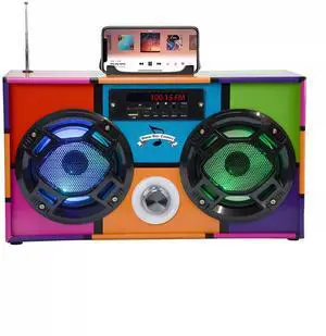 Retro Boombox Bluetooth Speaker, Music Player w/FM Radio & LED Lights | Retro Speaker with LED Lights, Rechargeable Portable Bluetooth Speaker with USB & SD, AUX & Remote Control Retro Boombox Bluetooth Speaker, Music Player w/FM Radio & LED Lights | Retro Speaker with LED Lights, Rechargeable Portable Bluetooth Speaker with USB & SD, AUX & Remote Control