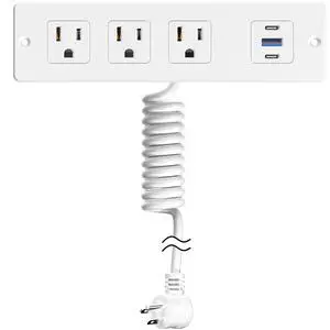 Recessed Furniture Drawer Outlet with 3 Fast-Charging USB Ports & 3 AC Outlets 5 FT Spring Cord- White Recessed Furniture Drawer Outlet with 3 Fast-Charging USB Ports & 3 AC Outlets 5 FT Spring Cord- White