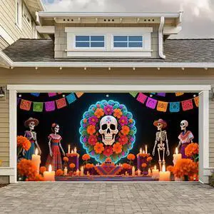 Day of the Dead Wreath Garage Door Cover 13x6 ft | Polyester, skull in floral wreath, dia de muertos decorations for yard gate, house front, party wall Day of the Dead Wreath Garage Door Cover 13x6 ft | Polyester, skull in floral wreath, dia de muertos decorations for yard gate, house front, party wall