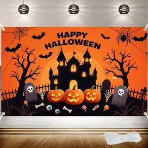 Happy Halloween Backdrop - 71 x 43 Inch Large Halloween Backdrop with 19.69ft Ribbon | Pumpkin & Ghost Decorations for Wall, Party & Photo Booth Happy Halloween Backdrop - 71 x 43 Inch Large Halloween Backdrop with 19.69ft Ribbon | Pumpkin & Ghost Decorations for Wall, Party & Photo Booth