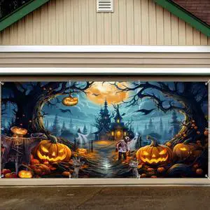 Halloween Garage Door Banner - 18x7ft Fabric Scary Night Full Moon Halloween Decorations - Large Castle Pumpkins Banner Backdrop Halloween Garage Door Banner - 18x7ft Fabric Scary Night Full Moon Halloween Decorations - Large Castle Pumpkins Banner Backdrop