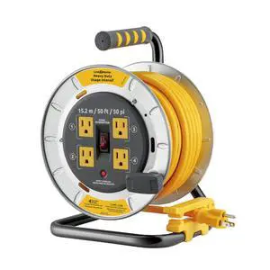 50 Ft. Professional Grade Metal Cord Reel, 4 Outlets | 12/3 AWG 13A cable, overload protection, heavy-duty steel housing, job site ready 50 Ft. Professional Grade Metal Cord Reel, 4 Outlets | 12/3 AWG 13A cable, overload protection, heavy-duty steel housing, job site ready