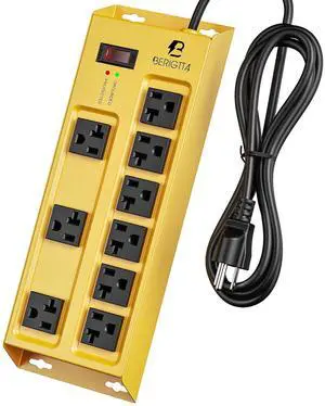 Heavy Duty Metal Power Strip, 20 AMP Surge Protector with 9 Outlets, 12 Gauge Industrial Strength for Shop & Garage Use, 6 FT Extension Cord Included, Durable T-Slot Design-Yellow Heavy Duty Metal Power Strip, 20 AMP Surge Protector with 9 Outlets, 12 Gauge Industrial Strength for Shop & Garage Use, 6 FT Extension Cord Included, Durable T-Slot Design-Yellow