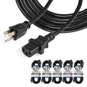 PC/TV/Monitor Power Cord, 10 Ft, 5 Pack | 18/3 Cable, 5 Pack - For TVs, Computers & Monitors PC/TV/Monitor Power Cord, 10 Ft, 5 Pack | 18/3 Cable, 5 Pack - For TVs, Computers & Monitors