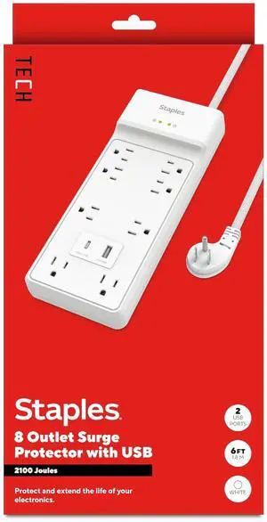 TECH 8-Outlet Surge Protector, 2 USB Ports, 6 Ft Cord, 2100J | Flat offset plug for home and office electronics. White, braided cord TECH 8-Outlet Surge Protector, 2 USB Ports, 6 Ft Cord, 2100J | Flat offset plug for home and office electronics. White, braided cord